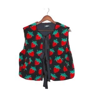 Cider Strawberry Fleece Vest Women's Black Red Green Fuzzy Tie Front Sleeveless